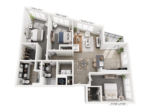 The Oblique floor plan at Contrast OTR in Cincinnati’s Over-the-Rhine is a three-bedroom, two-bath with a unique layout, open living, and in-unit laundry—perfect for upscale downtown living near TQL Stadium.